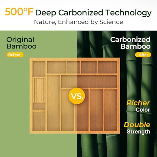 Carbonized Large Bamboo Kitchen Drawer Organizer (12 Slots（Large & Expandable）)