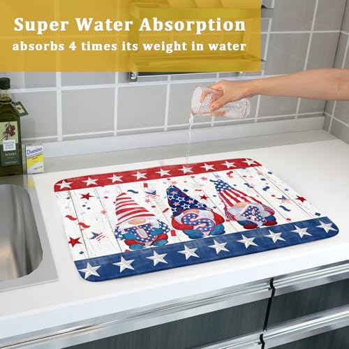 4th of July Gnomes Dish Drying Mat 18x24 inch Patriotic Elf Usa Stars Dish Drainer Mats Independece Day Large Microfiber Dish Drying Pad for Kitchen Countertop Holiday Decor (24" x 18")