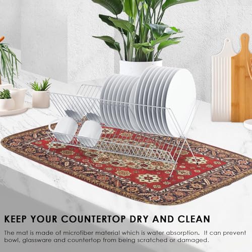 Absorbent Dish Drying Mat Kitchen Counter 18" x 24" Moroccan Royal (18" x 24" / Red Tribal)