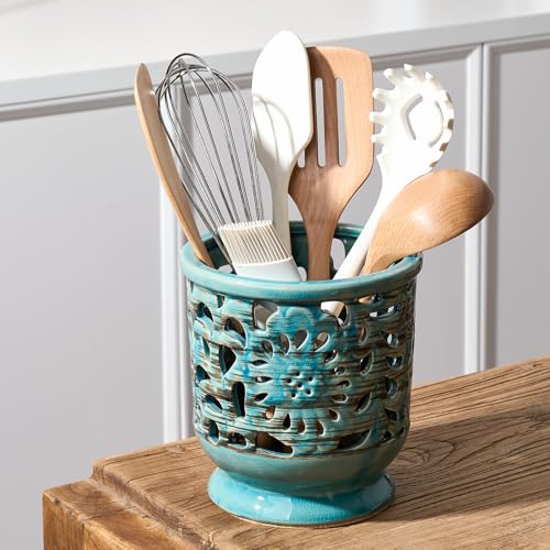 Farmhouse Kitchen Utensil Holder for Countertop (Antique Blue)