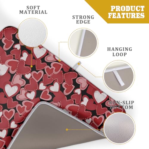 Valentines Day Dish Drying Mat for Kitchen Counter 24x18 Inch Love Drying Mat with Absorbent Reversible Microfiber Black Red Grey Heart Dish Drainer Mats Rack Pad for Coffee Countertop Protector (Red Grey Black / 24" x 18")