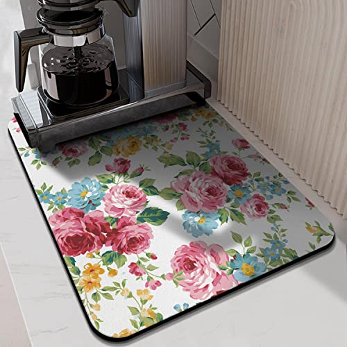 Coffee Bar Mat Accessories for Countertop Absorbent Hide Stain Rubber Backed Dish Drying Mats for Kitchen Counter Draining Pad Decor Gift (Pink Red Roses Floral / 18" x 24")