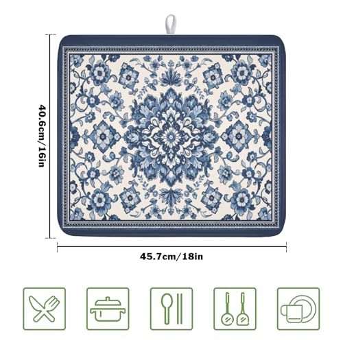 Blue Floral Dish Drying Mat for Kitchen Counter Vintage Flower Pattern Microfiber Dish Drainer Mat Rustic Farmhouse Absorbent Washable Drying Pad Extra Large 16"x18" (Vintage Blue Floral / 18" x 16")