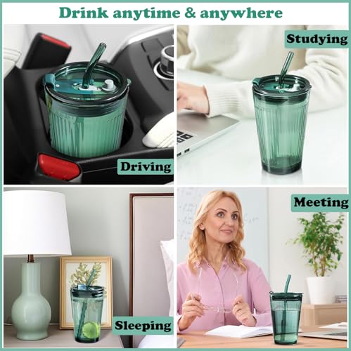 Glass Tumbler with Straw and Lid (Green-1)