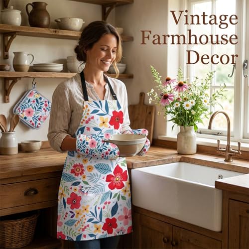 Floral Apron and Oven Mitt Set 5 Piece (Flower7)