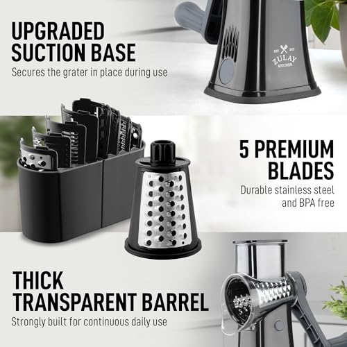 Rotary Cheese Grater Manual Hand Crank 5 Blade Shredder (5 Blades / Black and Gray)