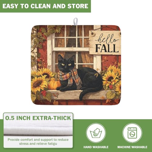 Fall Dish Drying Mat for Kitchen Counter Vintage Autumn Cat Sunflower Pumpkin Microfiber Dish Drainer Mat Rustic Farmhouse Absorbent Washable Drying Pad Extra Large 16"x18" (Fall Cat / 18" x 16")