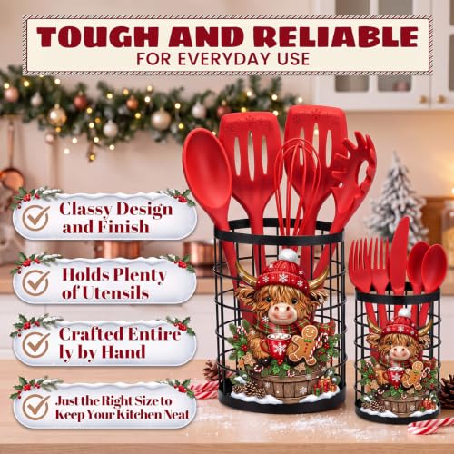 2 Pcs Christmas Kitchen Decor Highland Cow Metal Utensil Holder (Christmas)