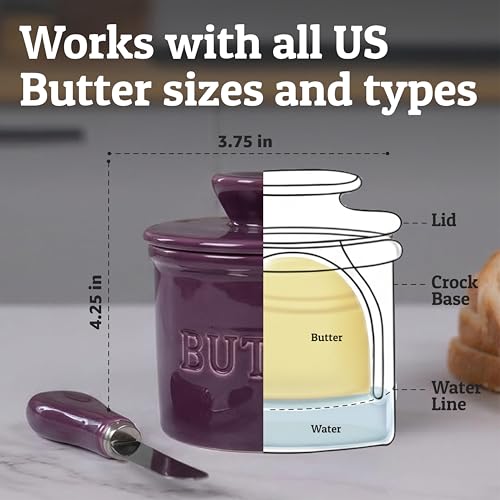 Butter Crock with Lid for Countertop with Spreader Knife and Water Line (Purple / Regular)