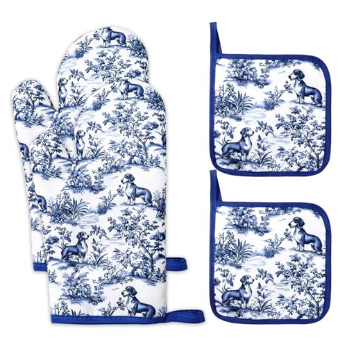 4 Pcs Chinoiserie Dachshund Oven Mitts and Pot Holders Set Heat Resistant Non