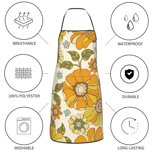Retro 70s Style Flower Oven Mitts Pot Holders Cooking Apron Set of 5 Silicone Kitchen Glove Apron Non (Yellow)