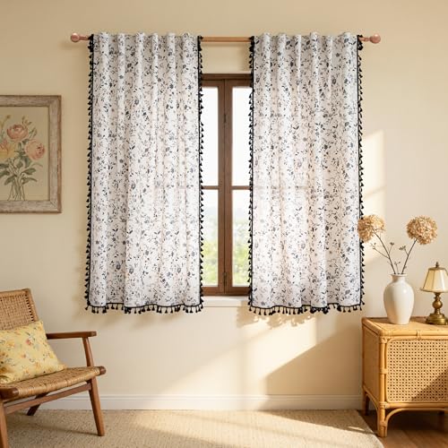 Farmhouse Floral Boho Linen Blend Curtains with Black Tassels 63 Inch Length 2 Panels Semi Sheer Light Filtering French Cottage Bedroom Drapes Back Tab (Black / 50"W x 63"L (Pack of 2))
