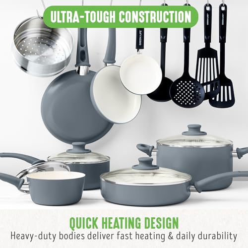 16 Piece Ceramic Nonstick Pots & Pans Cookware Set (16 Piece Cookware Set / Soft Grip / Gray)
