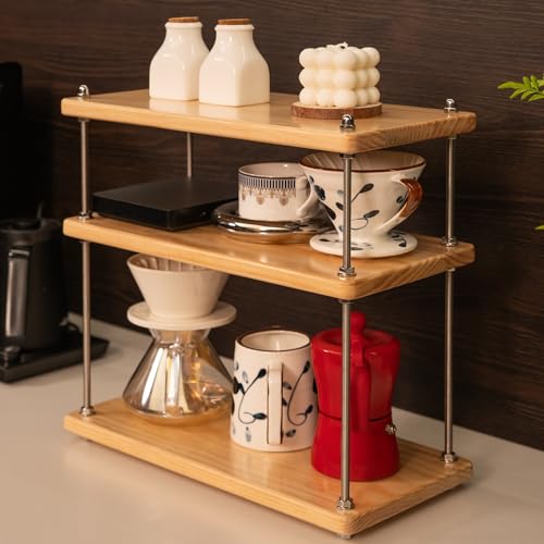 Solid Wood 3 Tier Coffee Bar (18MM Thick / Natural)