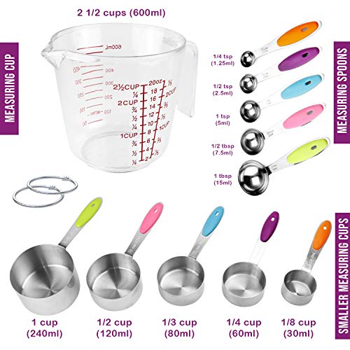 Measuring Cups and Spoons Set 11 Piece. Includes 10 Stainless Steel Measuring Spoons and Cups Set and 1 Plastic Measuring Cup. Liquid Measuring Cups Set and Dry Metal Measuring Cup Set (11 Piece)