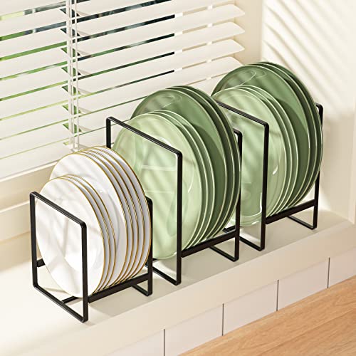 2 Pack Large Plate Holders Organizers Upright Cabinet Dish Drying Racks Metal Plate Dish Organizers Racks Stands for Countertop and Cupboard 7.87in. x 6.29in. x 4.52in. Black (2Black)