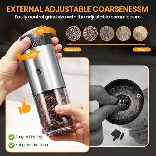 Rechargeable Gravity Electric Salt Grinder Set (Stainless Steel with Charging Base)