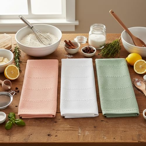 Sage Pink White Kitchen Hand Dish Towels (Soft Spring Pastels)