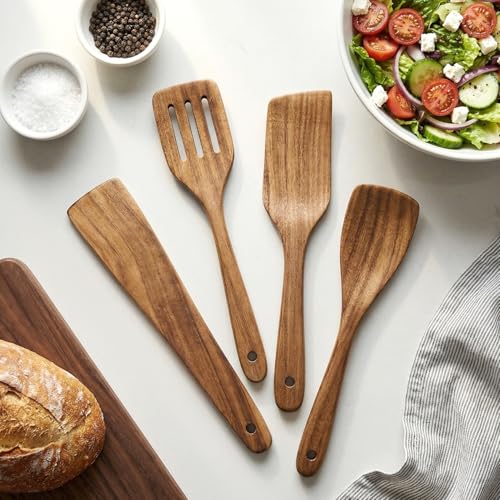 Acacia Wooden Spatula Set Non Toxic Kitchen Utensil Set Slotted Turner (4 Pieces)