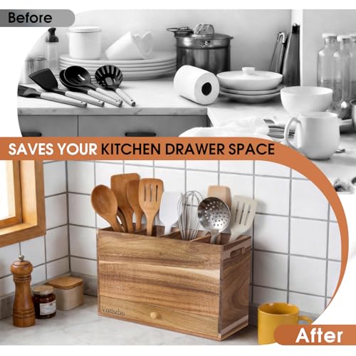 Acacia Wood Kitchen Utensil Holder with Drawer