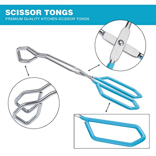 Stainless Steel Scissor Tongs Heavy Duty Cooking Tongs with Soft Handles (blue 11"+11")