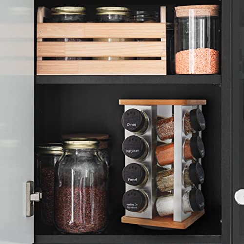 16 Jar Warner Revolving Countertop Spice Rack Organizer with Lift & Pour Caps and Spices Included (16-Jar Bamboo Revolving / 16-Jar)