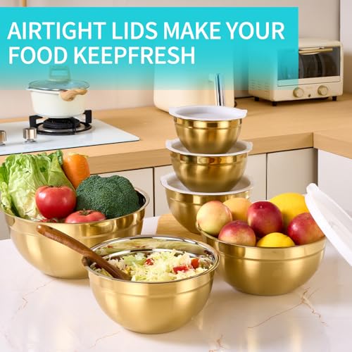 6 Piece Gold Mixing Bowls Set With Lids for Kitchen (Gold / 6 Piece)