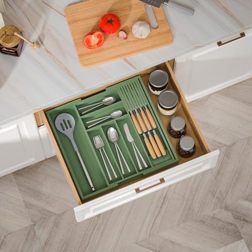 Expandable Bamboo Silverware Drawer Organizer Tray (Grayish Green / Large)