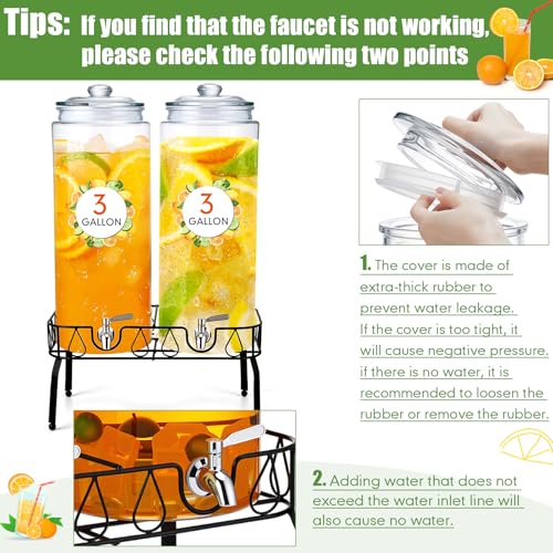 2 Pack 3 Gallon Glass Drink Dispenser for Parties Glass Beverage Dispenser with Stand and Spigot Leakproof Iced Water Storage Lemonade Juice Jar Mason with Lids for Wedding Parties Kitchen (3 Gallon)