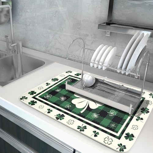 Patrick Clovers Dish Drying Mat 18"x24" Lucky Shamrock Spring Leaf Dish Drainer Mats Green Black Buffalo Plaids Absorbent Microfiber Dish Drying Pad for Kitchen Countertop Large Decor (24" x 18")