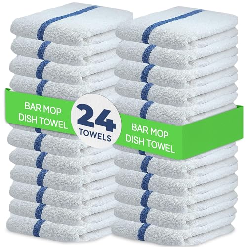 24 Pk 16x19 Cotton Kitchen Cleaning 30 Oz Bar Mop Towel Blue (Blue Stripe)