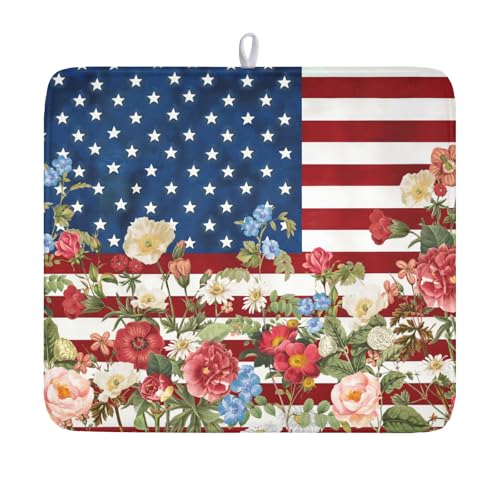 4th of July Dish Drying Mat 18x16 Inch (Patriotic Floral Blue Red / 18" x 16")