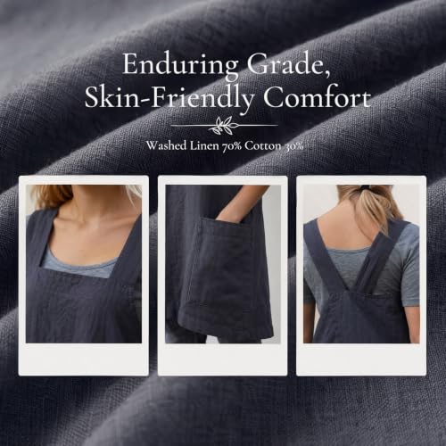 Cross Back Linen Cotton Apron with Pockets (Medium / Dark Grey)