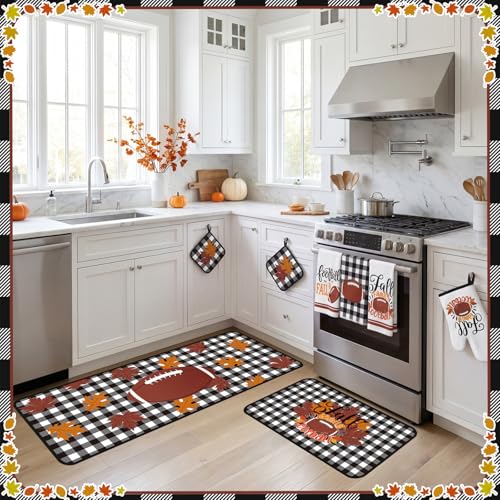 10 Pcs Fall Football Kitchen Decor Rugby Kitchen Accessory Set (Black and White Plaid / Fall Football)