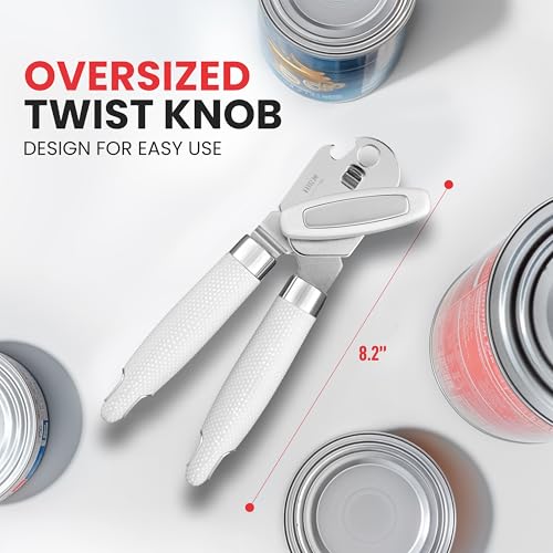 Heavy Duty Stainless Steel Can Opener Manual with Large Bottle Opener (Side Bottle Opener Design / White)