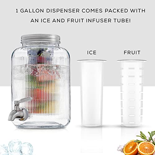 Fluted 1 Gallon Drink Dispenser. Glass Beverage Dispenser with Stainless steel Spigot plus Ice Cylinder and Fruit Infuser! Water Dispenser