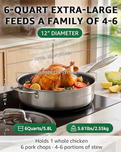 6 Quart Large Frying Pan with Lid (Black)
