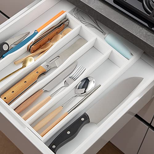 2 Piece Expandable Bamboo Kitchen Drawer Organizer for Cutlery and Utensils (7 Slots Expandable-2Pack / White)