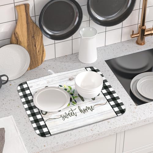 Home Sweet Home Dish Drying Mat 16x18 Inch Spring Summer Green Leaf Wreath Dish Drainer Mats Rustic Wood Board Microfiber Dish Drying Rack Pad for Kitchen Countertop Farmhouse Decor (18" x 16")