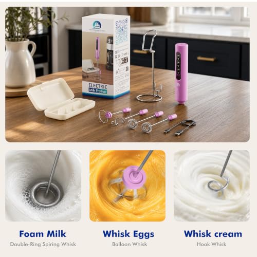 Rechargeable Milk Frother with Stand (Pink)
