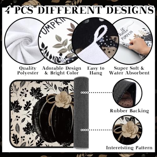 10 Pcs Fall Pumpkin Kitchen Decor Set Kitchen Towels Pot Holders Oven Mitts and Rugs Set Thanksgiving Towels for Baking Cooking BBQ Autumn Home (Black, White, Brown / Black Pumpkin)