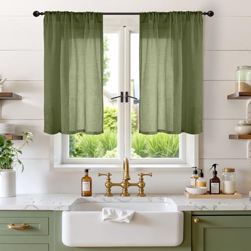 Olive Green Linen Curtains 36 Inches Long for Cafe Kitchen (Olive Green / 30"W x 36"L (Pack of 2))