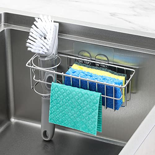 3-In-1 Sponge Holder for Kitchen Sink with Suction Cups & Adhesive Hook , In-sink Sponge Holder, Wall Hanging Sink Caddy Organizer Rack - Sponge, Dish Cloth, Brush, Scrubber - 304 Stainless Steel (3-in-1 / Silver)