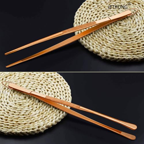 2 Pcs 12 Inch Kitchen Tweezers Cooking Tweezer Tongs Stainless Steel Long Food Tweezers (12+12 Inch / Rose Gold)