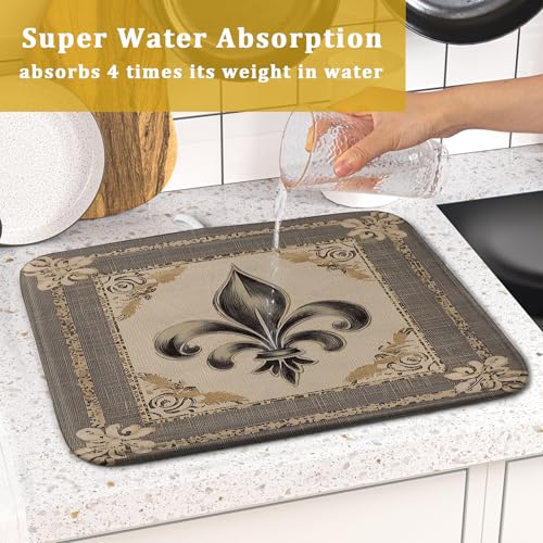 Mardi Gras Dish Drying Mat for Kitchen Vintage Fleur De Lis Print Dish Drainer Mats 16x18inch Country Style Dish Drying Rack Pad Protector for Countertop Dining Holiday Decor (18" x 16")