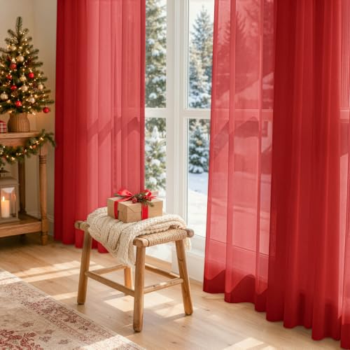 Red Christmas Sheer Curtains 63 Inches Long 4 Panels 42 x 63 Inches (42"W x 63"L (Pack of 4) / Red)