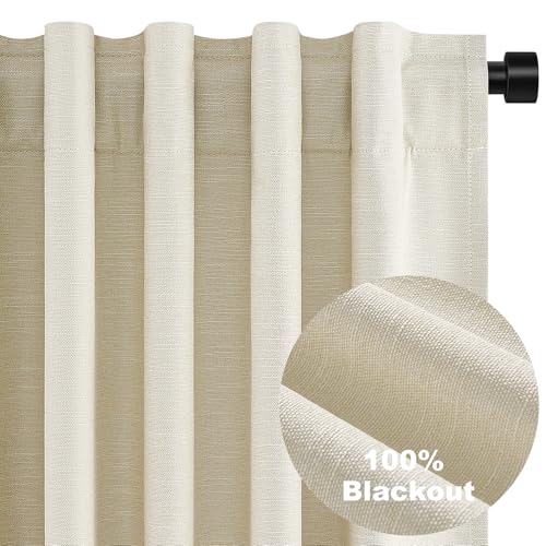 95 Inches Length Cream Colored Custom Blackout Linen Curtains Ivory Cream Pinch Pleated Noise Cancelling Curtains with Pin Hooks for Traverse Burlap Viral Drapes 2 Panels for Living Room Bedroom (Cream / 52"W x 95"L (Pack of 2))