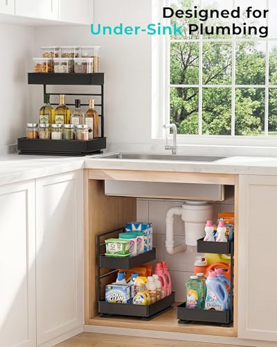 Height Adjustable 2 Tier Metal Pull Out Slide Shelf Organizer for Under Sink Cabinets in Kitchen (2 Sets / Black)