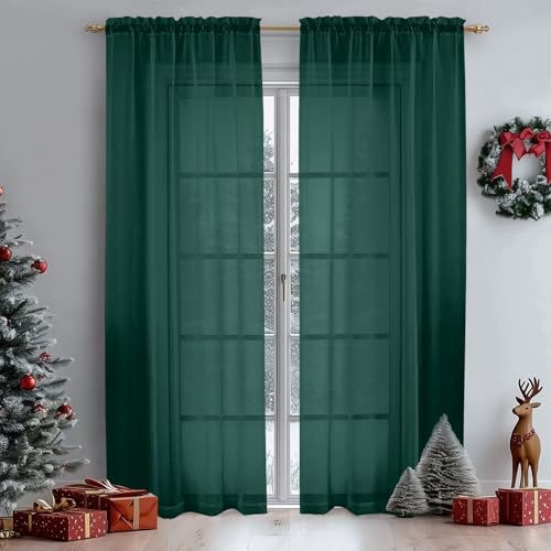 Green Sheer Curtains 84 Inches Long for 2 Panels Set for Christmas (Hunter Green / 42"W x 84"L (Pack of 2))