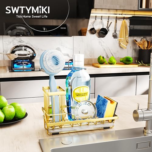 Sink Caddy Kitchen Sink Organizer with Detachable Brush Holder (Gold / Medium)